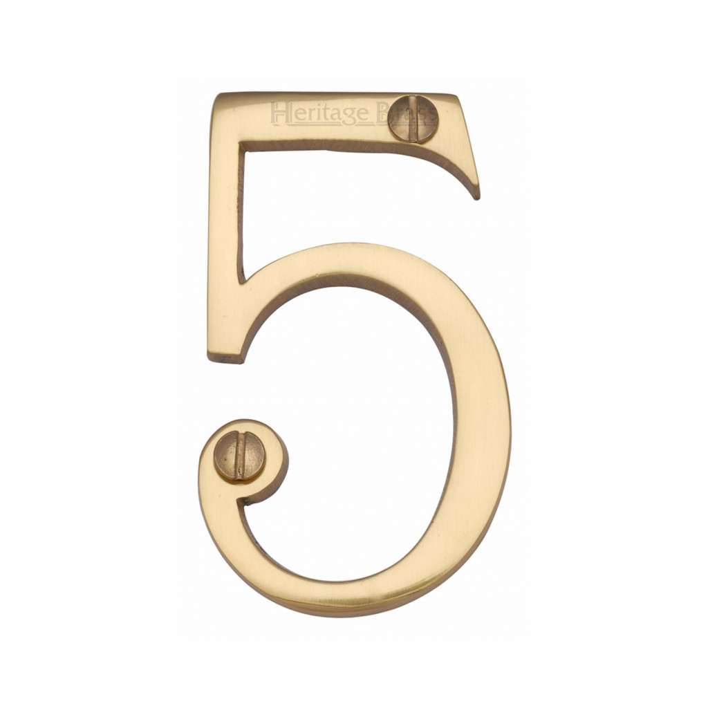 Heritage Brass Numeral 5 -  Face Fix 76mm  – Slimline font